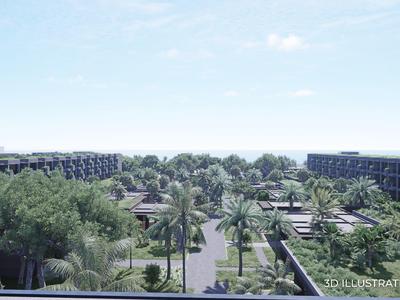 Pohled na hotelový komplex s palmami, bohatou zelení a moderními budovami pod čistou oblohou.