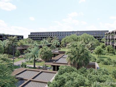 Hotelový komplex s moderní architekturou obklopený bujnou zelení a palmami