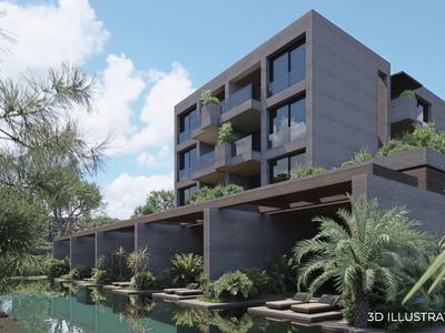 Modernes Hotel mit Balkonen und Poolanlage, von Bäumen und Wasser umgeben