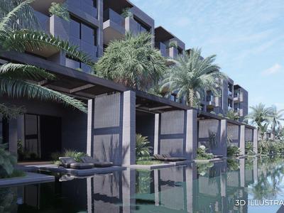 Moderní hotel s dřevěnými terasami, palmami a bazénem pod jasnou oblohou.