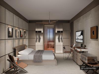 Moderně zařízený hotelový pokoj s manželskou postelí, křesly a minimalistickou výzdobou.