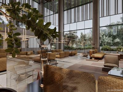 Moderní hotelová lobby s velkými okny, pohodlnými posezeními a zelenými rostlinami.