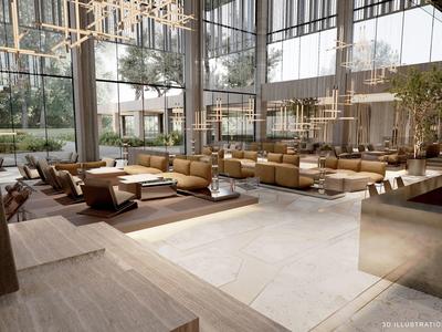 Světlá a moderní hotelová hala s velkými okny, pohodlnými sezeními a stylovým osvětlením.