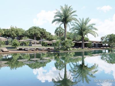 Velký bazén v tropickém prostředí s palmami a lehátky pod slunečníky