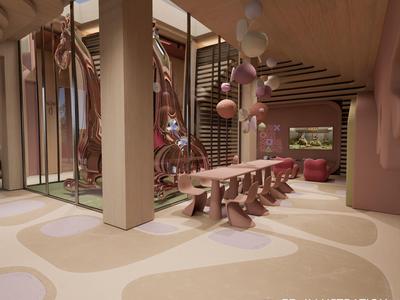 Moderní hotelový interiér s velkým jídelním stolem, sochařskými dekoracemi žiraf a barevnými lampami.