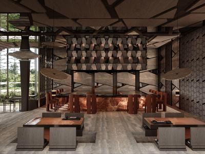 Moderní hotelová restaurace s dřevěnými a kamennými prvky, stoly a lavicemi v teplé atmosféře.