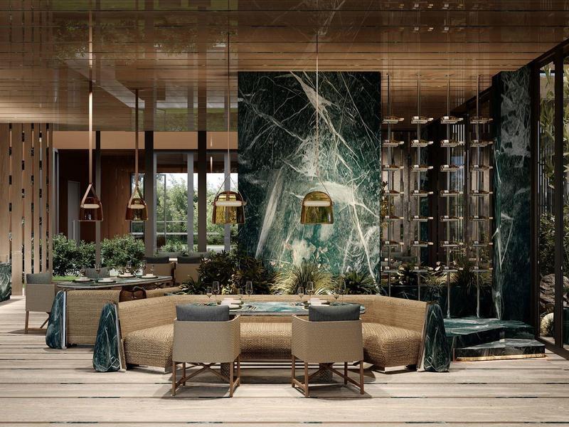 Luxusní hotelová hala se stylovými posezeními a moderním osvětlením