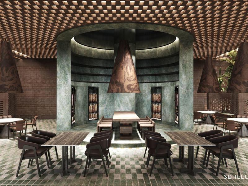 Moderní hotelový interiér s centrálním krbem, dřevěnými židlemi a geometrickým stropem.