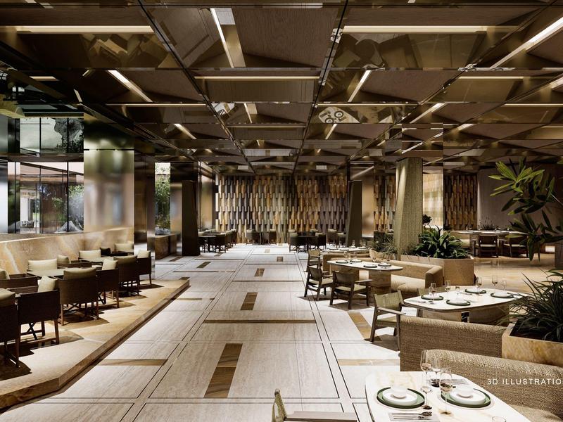 Prostorná moderní restaurace s dřevěným nábytkem a prostřenými stoly.