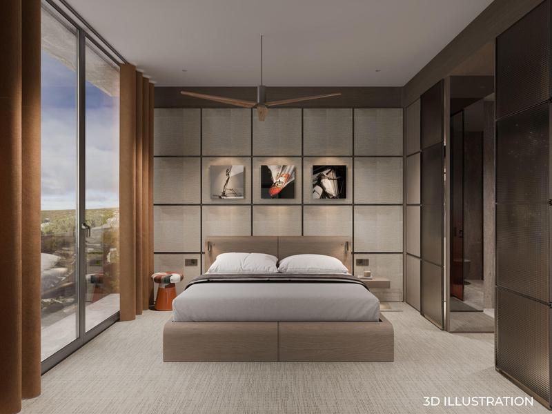 Moderní ložnice s manželskou postelí, velkými okny a elegantním designem stěn.