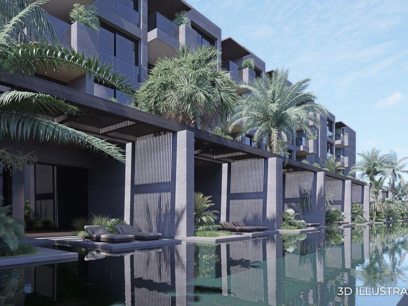 Moderní hotel s dřevěnými terasami, palmami a bazénem pod jasnou oblohou.