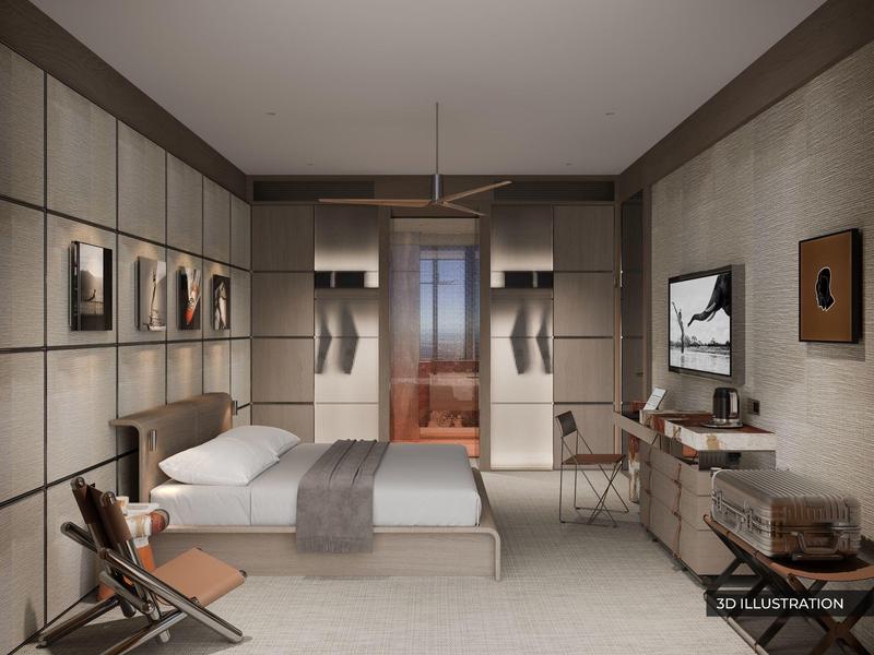 Moderně zařízený hotelový pokoj s manželskou postelí, křesly a minimalistickou výzdobou.