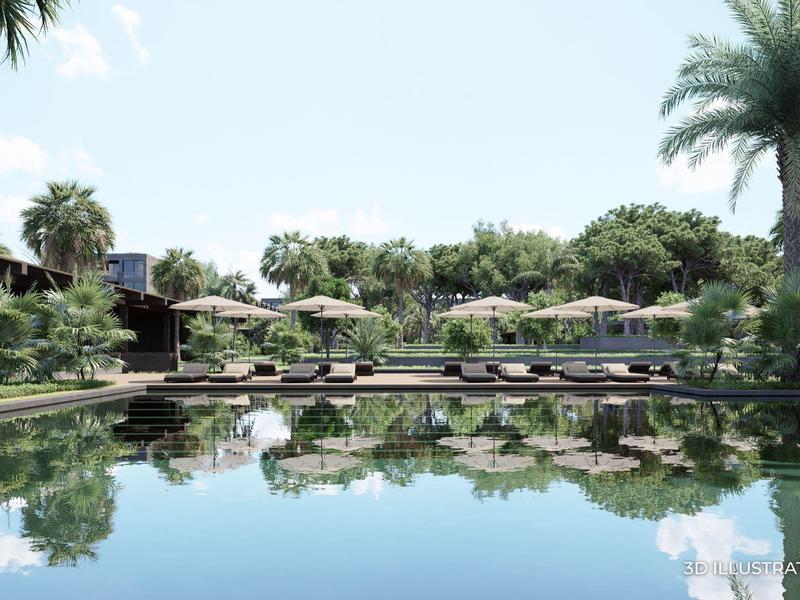 Klidný bazén s lehátky a slunečníky v tropickém hotelovém prostředí za bezmračné oblohy.