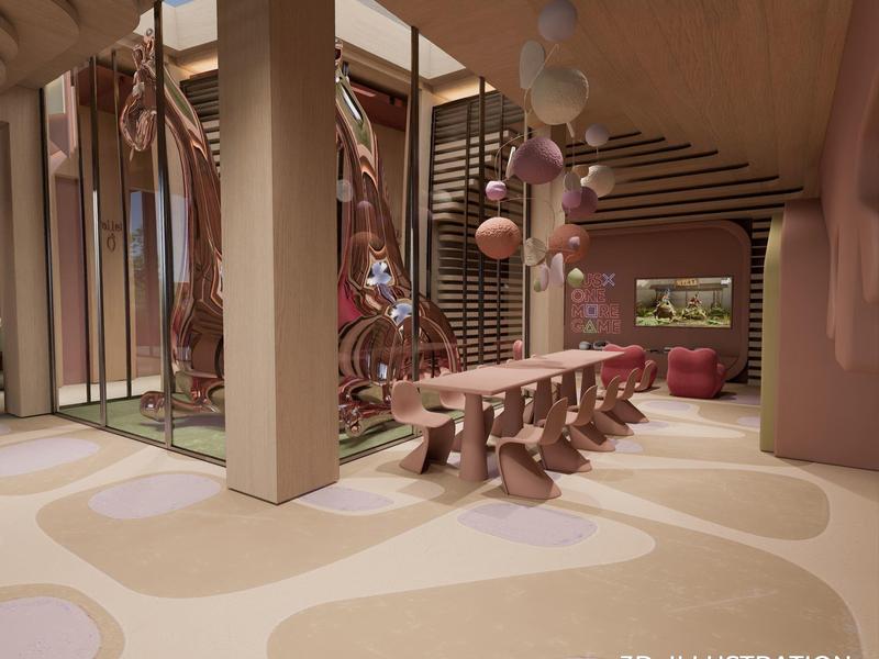 Moderní hotelový interiér s velkým jídelním stolem, sochařskými dekoracemi žiraf a barevnými lampami.