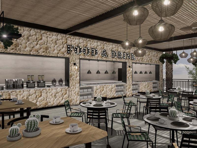 Area esterna moderna di un ristorante con tavoli apparecchiati e illuminazione d'atmosfera.