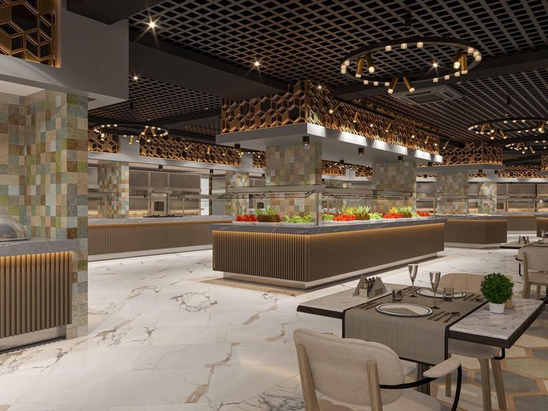 Area buffet moderna e elegante con piastrelle di marmo chiaro e illuminazione calda.