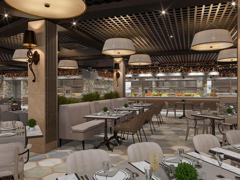 Ristorante elegante con arredi moderni e illuminazione soffusa in un hotel.