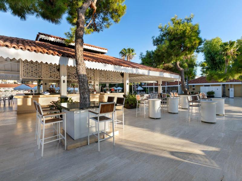 Große Terrasse mit weißen Stühlen, Tischen und Bäumen, Sonnenterrasse bei klarem Himmel.