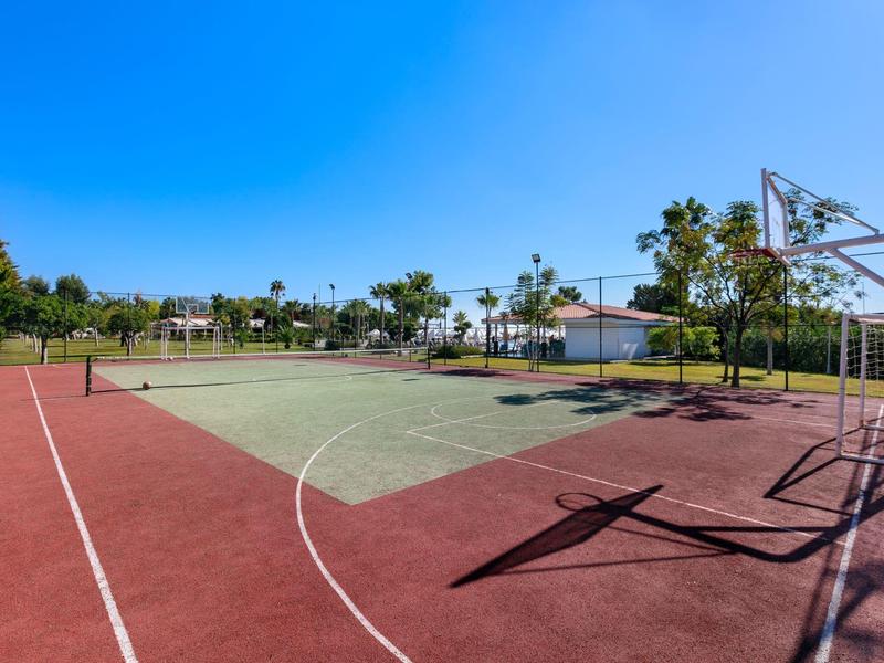 Leerer Basketballplatz mit rotem und grünem Boden, umgeben von Bäumen und blauem Himmel.