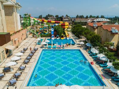 Großer blauer Pool mit Rutschen, Liegestühlen und Sonnenschirmen neben einem Hotelgebäude.