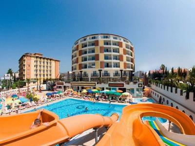 Bunter Wasserrutschenpark mit großem Pool vor rundem Hotelgebäude bei klarem Himmel.