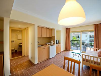 Helles Hotelzimmer mit Küchenzeile, Esstisch, Sitzbereich und Balkon mit Gartenblick.