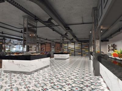 Moderne open keuken met marmeren eilanden en patroon tegelvloer in een hotel.