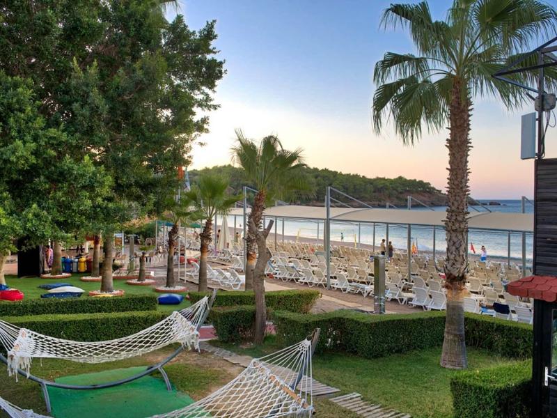 Grüner Garten mit Hängematten, Palmen und Strand mit Liegestühlen im Hintergrund bei Sonnenuntergang.