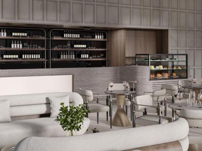 Elegante area lounge dell'hotel con sedute di design e bar sullo sfondo.