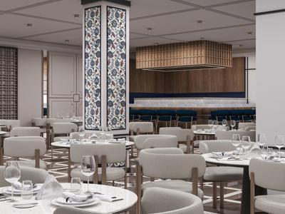 Ristorante elegante dell'hotel con sedie grigie, tavoli bianchi e colonne decorative.
