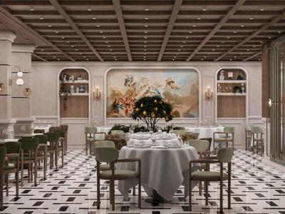 Ristorante elegante con tavoli bianchi, sedie verdi e un murale su una parete in un hotel.