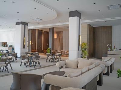 Modern hotel lounge area with comfortable chairs, tables, and bright, open design.