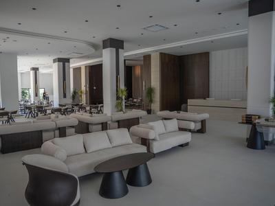 Modern hotel lounge with comfortable sofas, tables, and bright, open space.