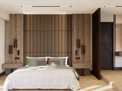 Modernes Schlafzimmer mit großem Bett, Holzwandverkleidung und bodentiefen Fenstern.