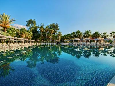 Large hotel pool with sun loungers and palm trees under clear sky.