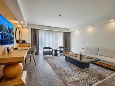 Modernes Wohnzimmer mit hellen Möbeln, großem Fernseher und einem Teppich vor dem Sofa.