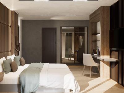 Modernes Hotelzimmer mit Doppelbett, hellem Holz, grauen Wänden und schlichtem Schreibtisch mit Stuhl.