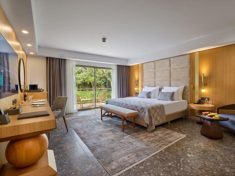 Helles Hotelzimmer mit großem Bett, Teppich, Schreibtisch, TV und Blick auf grüne Natur.