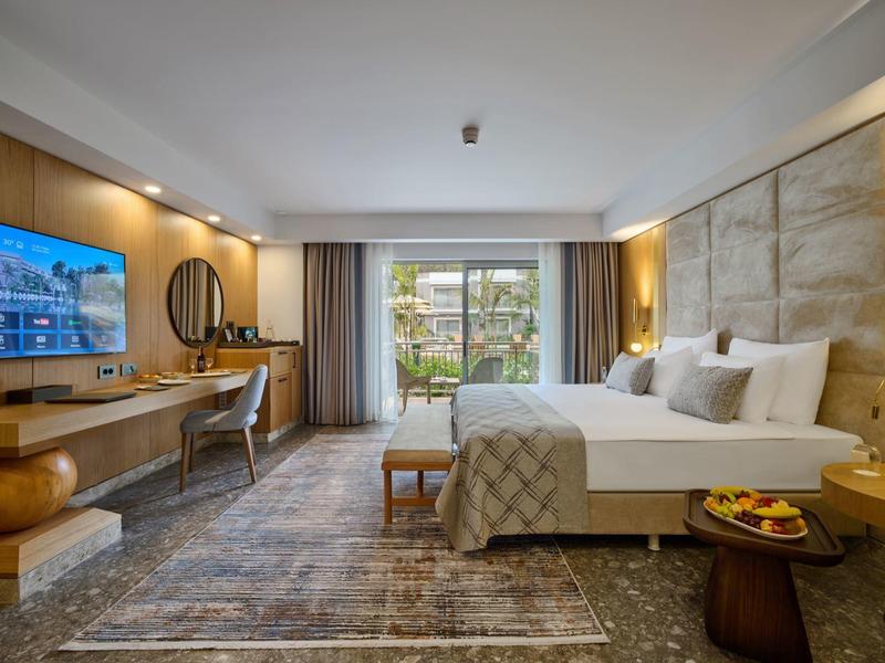 Helles, modernes Hotelzimmer mit großem Bett, Schreibtisch, Wand-TV und Zugang zu grünem Garten.