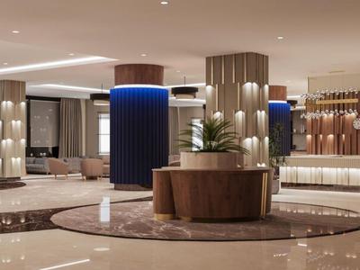 Moderner Hotel-Lobbybereich mit skulpturalen Holzsäulen, zentralen Pflanzen und stilvoller Beleuchtung.