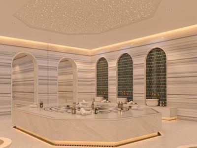 Ein luxuriöser Hamam mit Marmorwänden, beheiztem zentralem Stein und dekorativen Bögen.