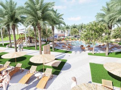 Moderne Poolanlage mit Liegestühlen, Sonnenschirmen und Palmen in einem Hotelresort.