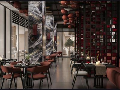 Ristorante d'hotel moderno ed elegante con palette di colori scuri e aree salotto accoglienti.