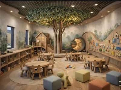 Sala giochi per bambini con decorazioni murali ad albero, sedie in legno, tavoli e pouf colorati in un hotel.