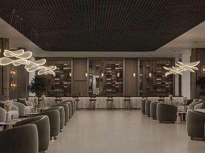 Ristorante d'hotel moderno con sedie eleganti e illuminazione a soffitto accattivante in tonalità calde.