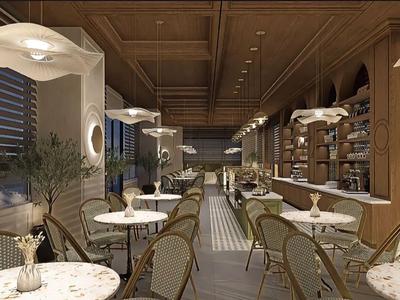 Ristorante d'hotel elegante con tavoli rotondi in marmo, sedie in vimini e decorazioni in legno caldo.