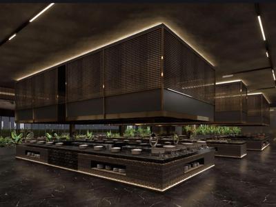 Ristorante moderno dell'hotel con legno scuro, illuminazione indiretta e piante al centro.