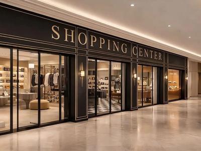Elegante centro commerciale con grande insegna, vetrate e illuminazione interna elegante.