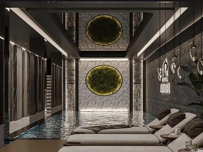 Spa moderno con piscine d'acqua, lettini e illuminazione elegante in un hotel di lusso.