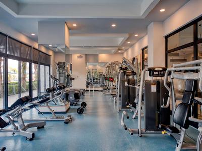 Gimnasio moderno con máquinas de ejercicio y pesas en una habitación luminosa.